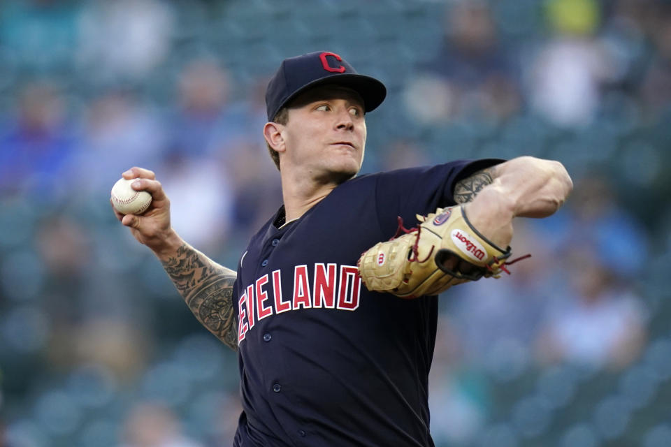 Cleveland Indians starting pitcher Zach Plesac throws to a Seattle Mariners batter during the first inning of a baseball game Thursday, May 13, 2021, in Seattle. (AP Photo/Elaine Thompson)