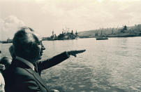 <p>Israel’s Foreign Minister Shimon Peres Visits the port area of Haifa on Feb.10,1987. (AP Photo) </p>