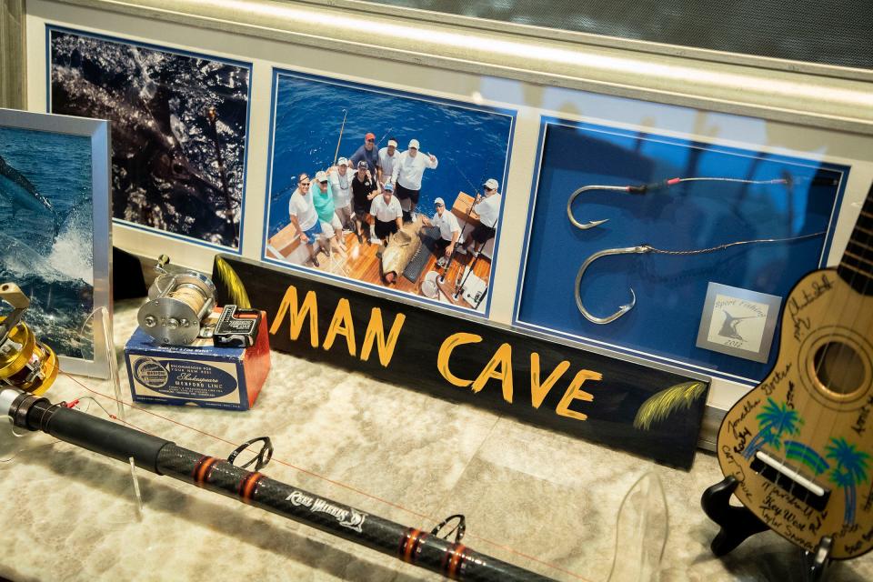 A passionate fisherman, Rick Hendrick has photographs and other items from his many fishing trips on display in a second-floor room inside the 58,000-square-foot Heritage Center in Concord, North Carolina, on July 25, 2023.