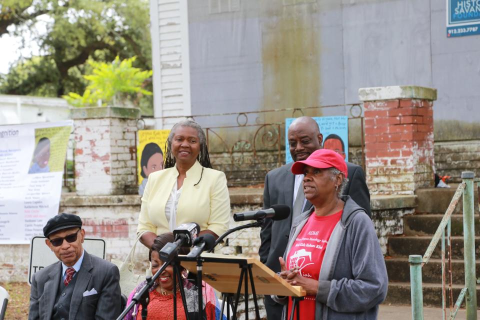 Deborah Simon-Johnson speaks Monday during the unveiling of a historic marker at the Kiah House Museum on West 36th Street.