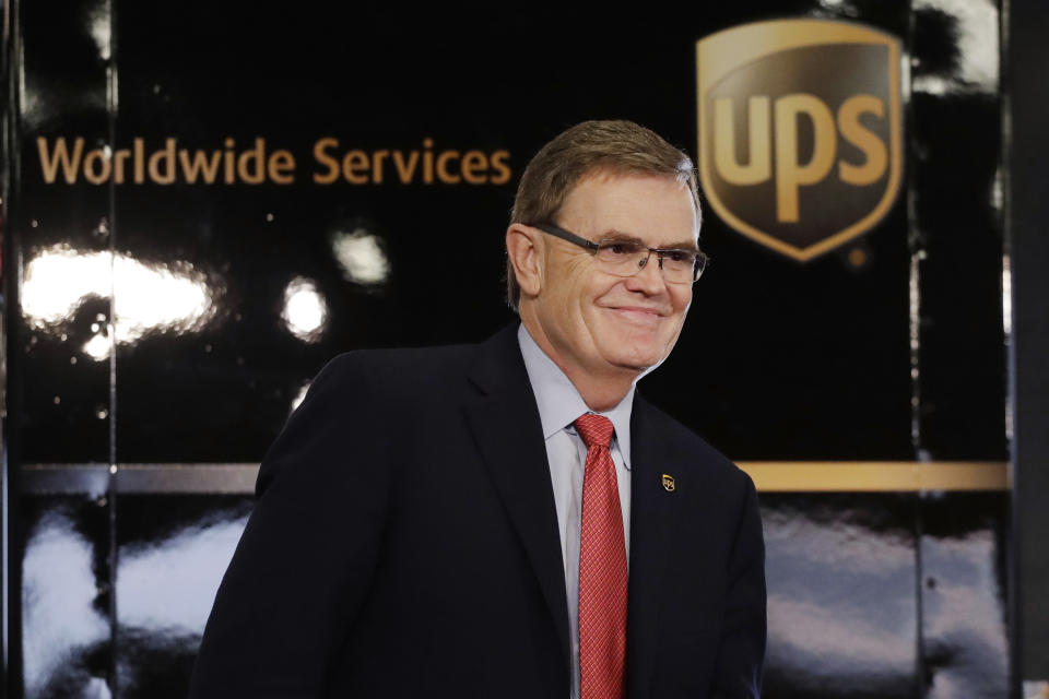 FILE - In this May 9, 2017, file photo David Abney, CEO of UPS, arrives for a news conference in New York. Abney spoke recently with The Associated Press about the peak delivery season, the growth in online shopping, and the company’s foray into making deliveries with drones. The comments are edited for brevity. (AP Photo/Mark Lennihan, File)