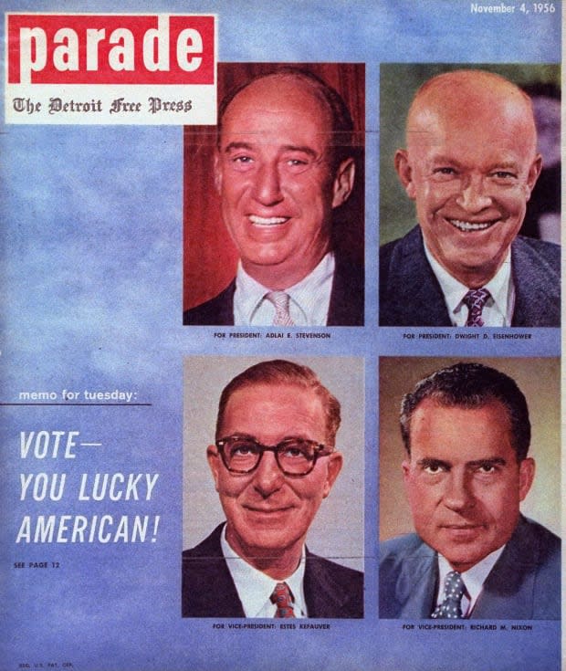 <p>The Nov. 4, 1956 issue of Parade encourages all Americans to go out and vote for their next president. </p>