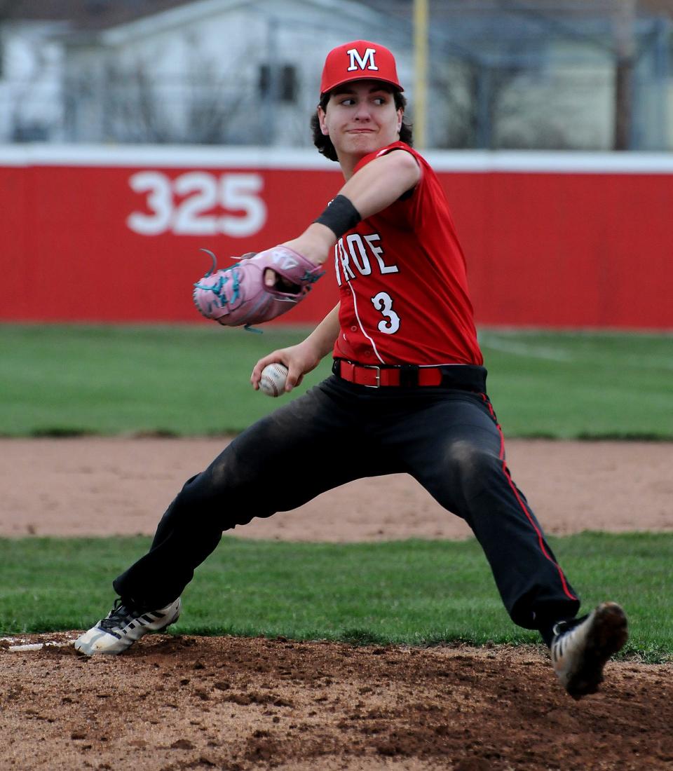 Freshman Carson Liedel of Monroe throws during a 9-0 victory over Gibraltar Carlson Tuesday.