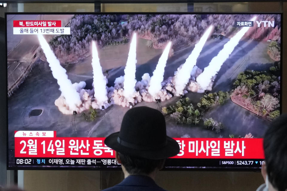 A news program airs a file image of a missile launch by North Korea at the Seoul Railway Station in Seoul, South Korea, on Tuesday, April 2, 2024. South Korea's military says it has detected that North Korea fired at least one ballistic missile toward waters off its eastern coast, adding to a series of weapons demonstrations that have raised tensions in the region. (AP Photo/Ahn Young-joon)