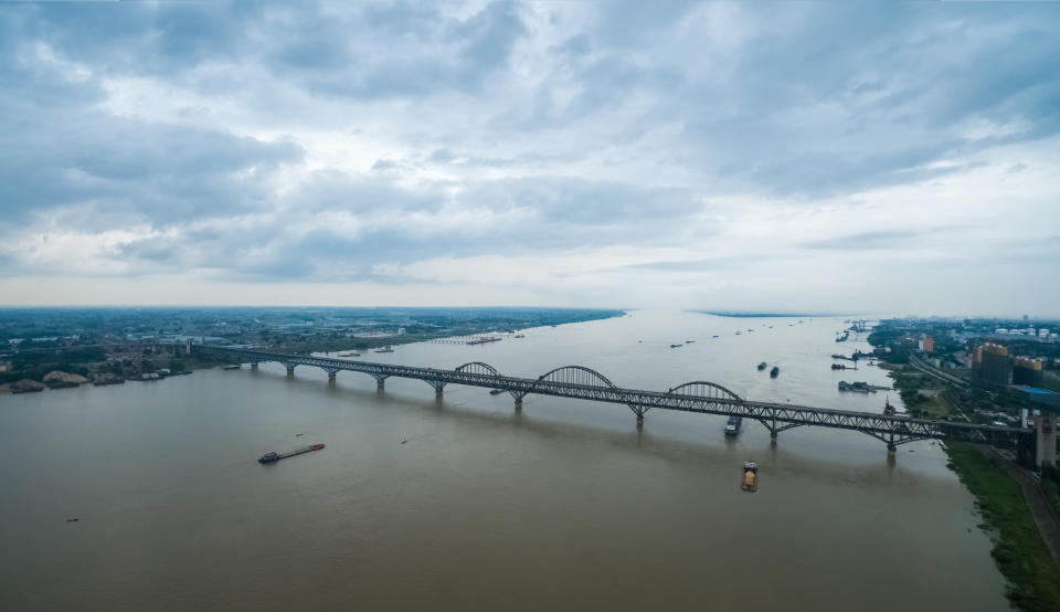 aerial view of the jiujiang yangtze river bridge ,  picture by drones