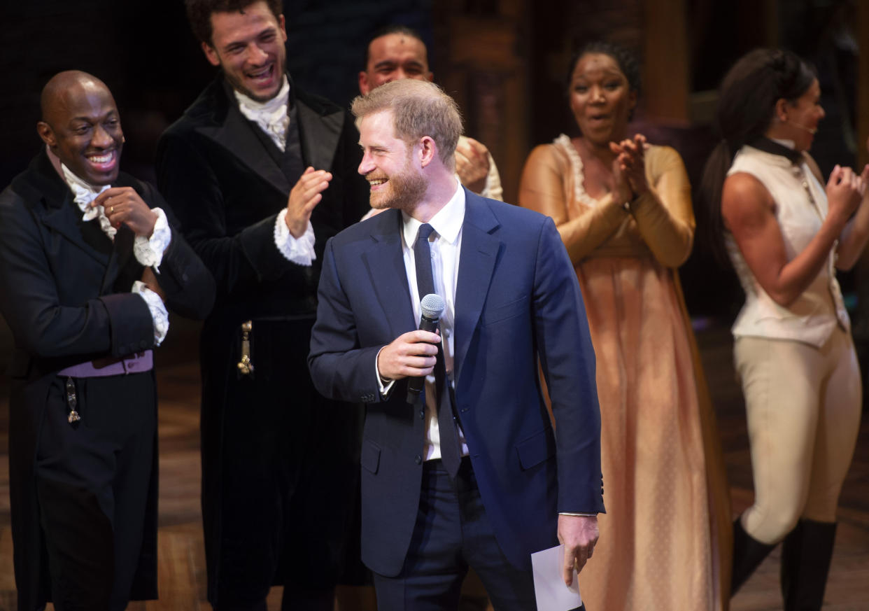 Prince Harry broke into song on stage at ‘Hamilton’. [Photo: Getty]