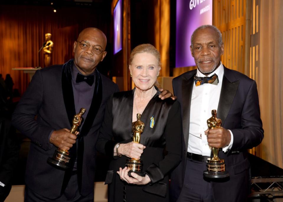 Samuel L. Jackson, Liv Ullmann and Danny Glover pose with their awards during the 2022 Governors Awards at The Ray Dolby Ballroom at Hollywood & Highland Center on March 25, 2022 in Hollywood, California. (Photo by Mike Coppola/Getty Images)