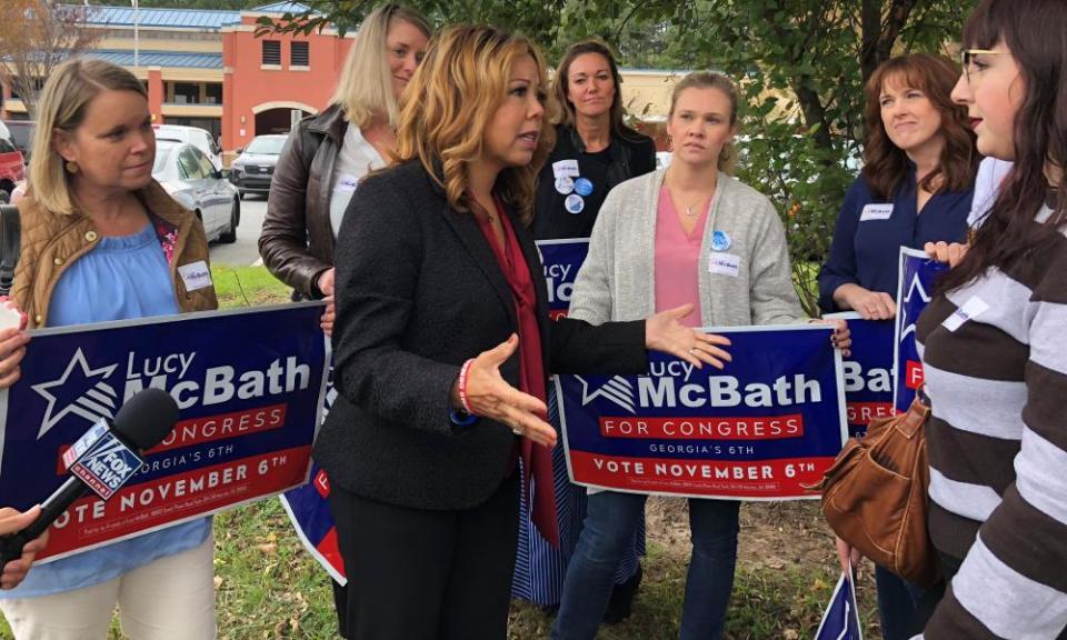 Lucy McBath speaks with supporters in Marietta, Georgia.