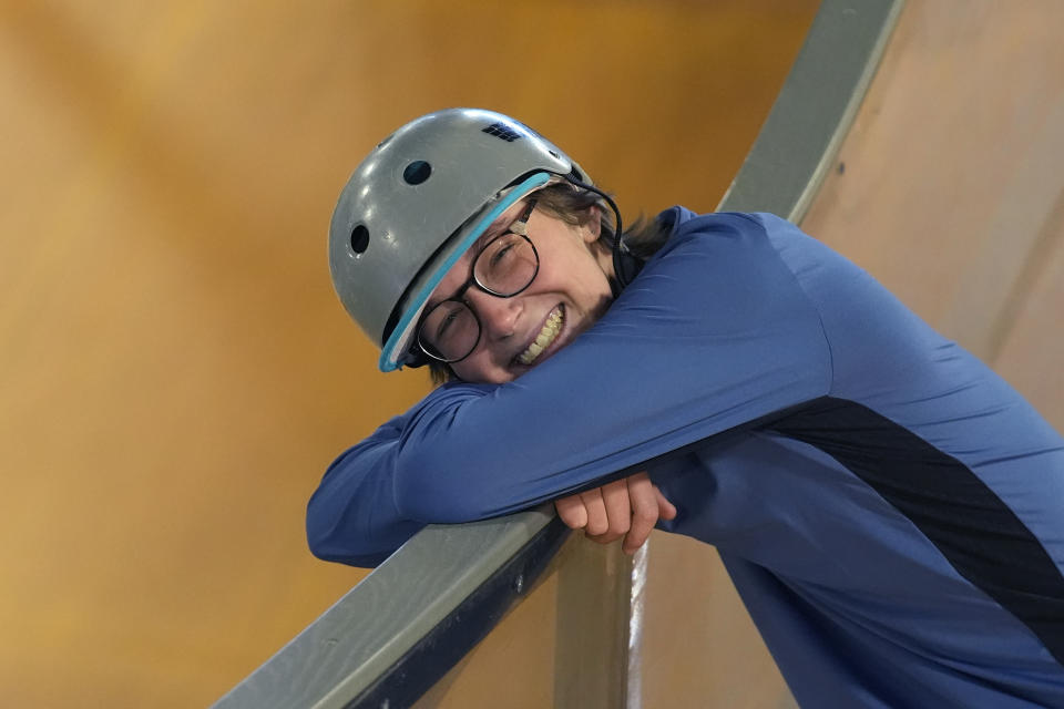 Freestyle skier Jay Riccomini looks on during training at Woodward Park City on May 21, 2024, in Park City, Utah. On July 20, 2021, Riccomini, then 17, announced on social media that he was a gay transgender man who would from then on use the pronouns he and him. “I want the world to know who I am and who I’m meant to be so I can pursue it openly,” he wrote. (AP Photo/Rick Bowmer)