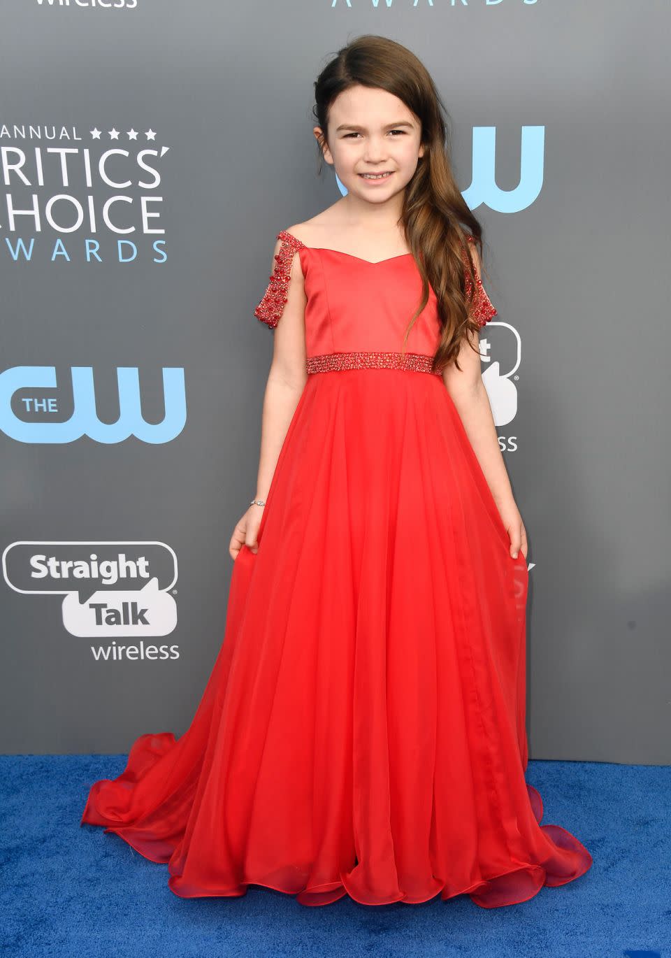 Brooklynn looked super cute in a flowing red dress on the blue carpet. Source: Getty