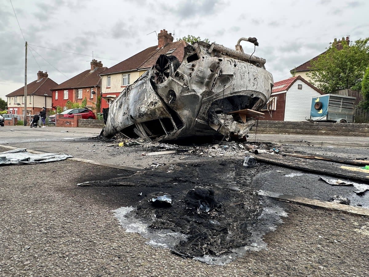 The scene in Ely, Cardiff, following the riot that broke out after two teenagers died in a crash (PA)