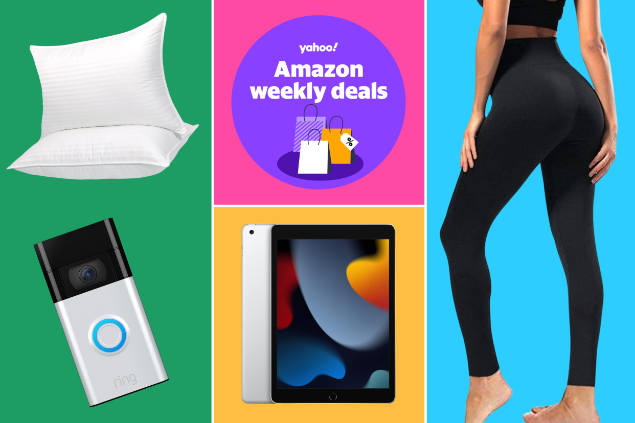 Cozsinoor pillows, Ring video doorbell, Apple iPad, black leggings and a badge that reads: Yahoo! Amazon weekly deals