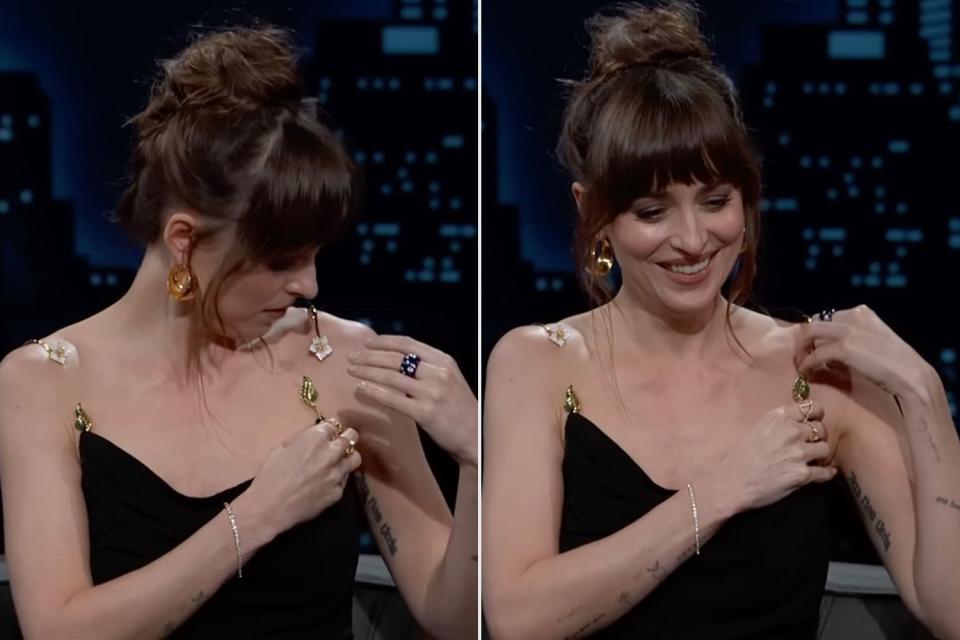 <p>Jimmy Kimmel Show/Youtube</p> Dakota Johnson on Jimmy Kimmel Live.