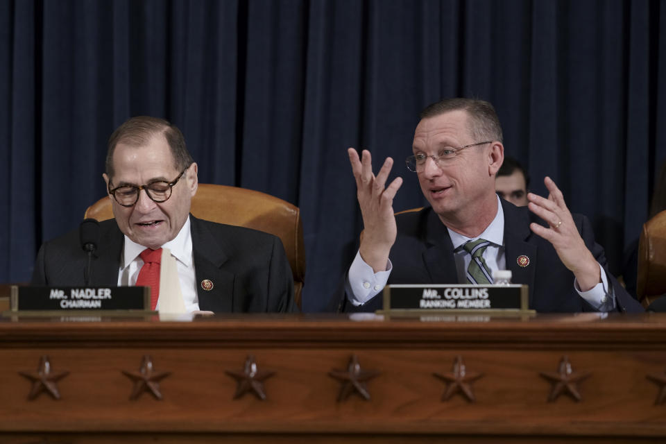 House Judiciary Committee Chairman Jerrold Nadler, D-N.Y., left, joined by Rep. Doug Collins, R-Ga., the ranking member, convenes the panel to consider the investigative findings in the impeachment inquiry against President Donald Trump, on Capitol Hill in Washington, Monday, Dec. 9, 2019. (AP Photo/J. Scott Applewhite)