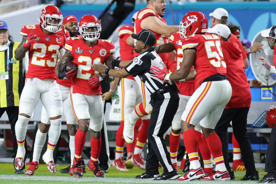 MIAMI, FLORIDA - FEBRUARY 02: Bashaud Breeland #21 of the Kansas City Chiefs celebrates after intercepting Jimmy Garoppolo #10 of the San Francisco 49ers (not pictured) during the second quarter in Super Bowl LIV at Hard Rock Stadium on February 02, 2020 in Miami, Florida. (Photo by Maddie Meyer/Getty Images)