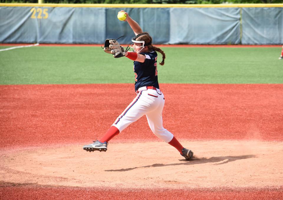 Sienna Holmes fires a pitch in the New Hartford Spartans 6-3 win over Auburn in Section III Class A championship at Onondaga Community College Thursday, June 2, 2022.