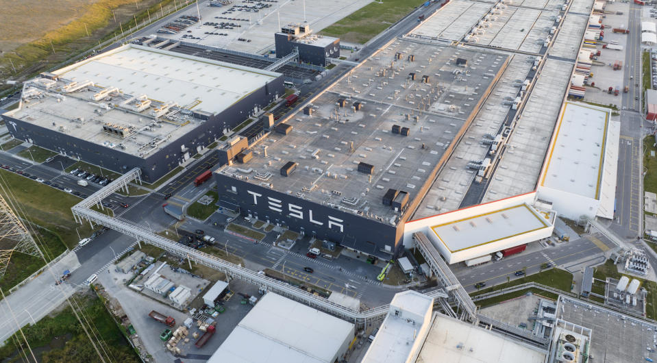 SHANGHAI, CHINA - OCTOBER 20: Aerial view of Tesla Shanghai Gigafactory on October 20, 2022 in Shanghai, China. (Photo by VCG/VCG via Getty Images)