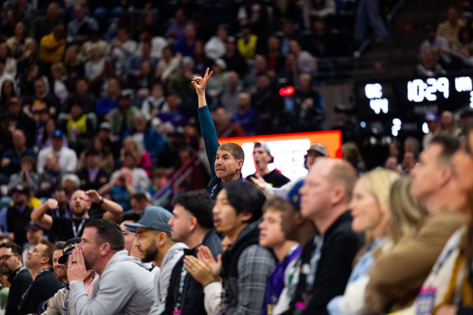 Audience members react during the NBA basketball game between the Utah Jazz and the Oklahoma City Thunder at the Delta Center in Salt Lake City on Thursday, Jan. 18, 2024. | Megan Nielsen, Deseret News