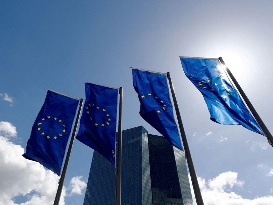 FILE PHOTO: European Union flags flutter outside the European Central Bank (ECB) headquarters in Frankfurt
