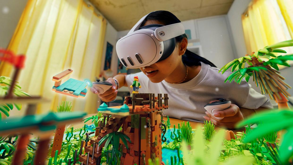  Girl wearing Meta Quest 3 headset interacting with a jungle playset . 