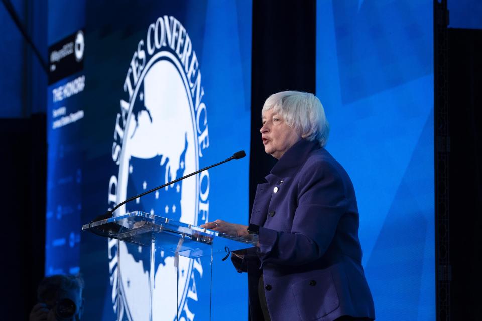 Treasury Secretary Janet Yellen speaks at the 90th Conference of Mayors at the Capital Hilton in Washington, Wednesday, Jan. 19, 2022. ( AP Photo/Jose Luis Magana)