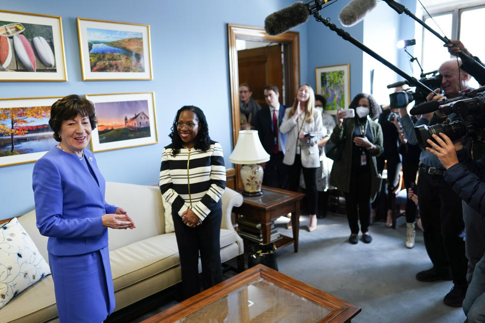 Sen. Susan Collins, R-Maine, left, talks to media as she meets with Supreme Court nominee Ketanji Brown Jackson on Capitol Hill in Washington, Tuesday, March 8, 2022. If confirmed, she would be the court's first Black female justice. (AP Photo/Carolyn Kaster)