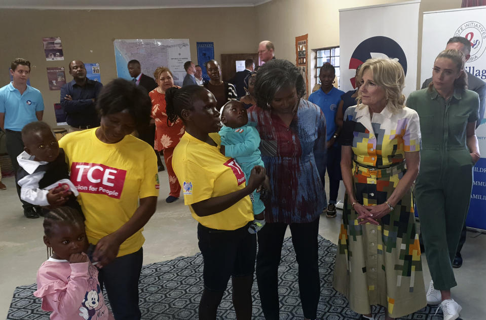 U.S. First Lady Jill Biden, right, looks on during a visit to a U.S. President's Emergency Plan for AIDS Relief (PEPFAR) project at an informal settlement near Windhoek, Namibia, Thursday, Feb. 23, 2023. The First Lady is on a five-day visit to Africa as part of President Biden's commitment to deepen engagement with African nations. (AP Photo/Dirk Heinrich)