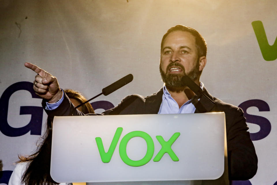 Santiago Abascal gives a speech at VOX headquarters on April 28, 2019 in Madrid. (Photo: Europa Press News via Getty Images)