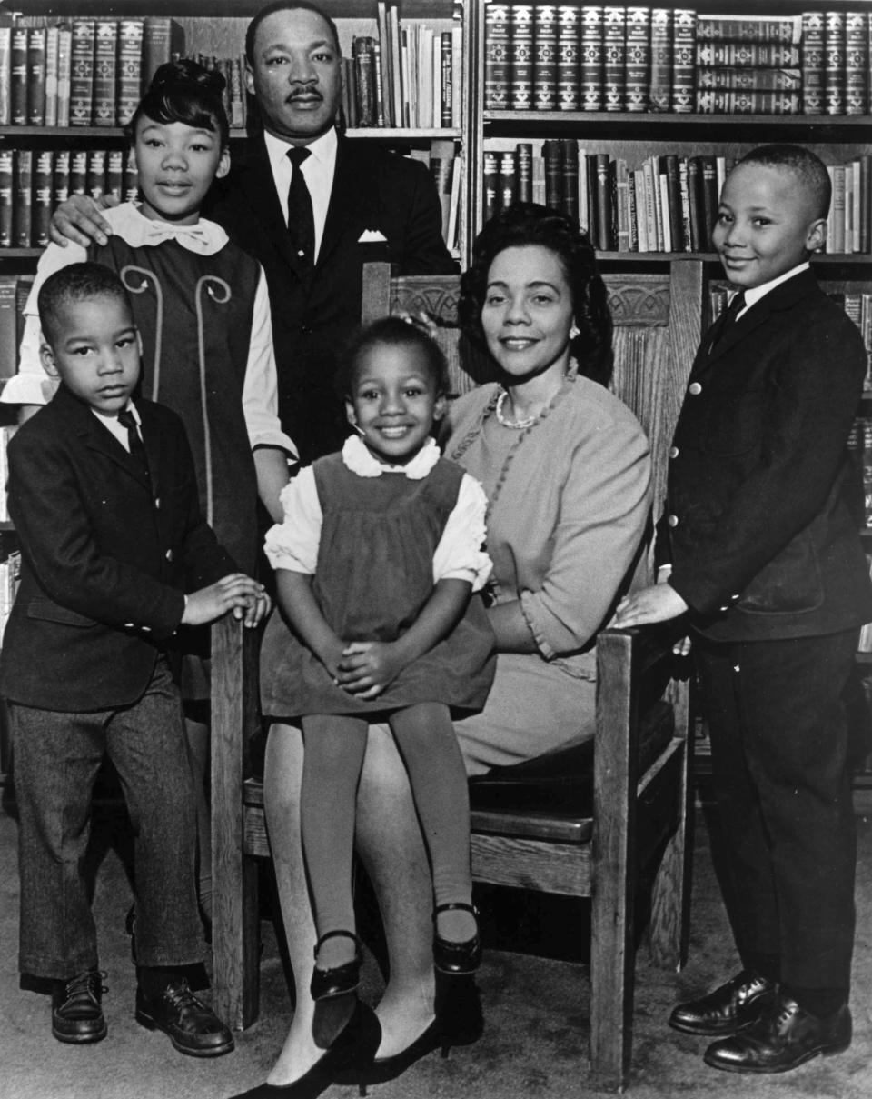 FILE - This 1966 file photo is the last official portrait taken of the entire King family, made in the study of Ebenezer Baptist Church in Atlanta. From left are Dexter King, Yolanda King, Martin Luther King Jr., Bernice King, Coretta Scott King and Martin Luther King III. The King Center in Atlanta said the 62-year-old son of the civil rights leader died Monday, Jan. 22, 2024 at his California home after battling prostate cancer. (Atlanta Journal-Constitution via AP, File)