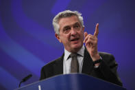 UN High Commissioner for Refugees Filipo Grandi answers a question during a joint news conference with UN Migration Agency Director General Antonio Vitorino and European Union Foreign Policy chief Federica Mogherini at the EU headquarters in Brussels, Tuesday, Oct. 29, 2019. The European Union says a "solidarity conference" has raised around 120 million euros ($133 million) for Venezuelans fleeing their crisis-wracked country and to help countries who are hosting them. (AP Photo/Francisco Seco)