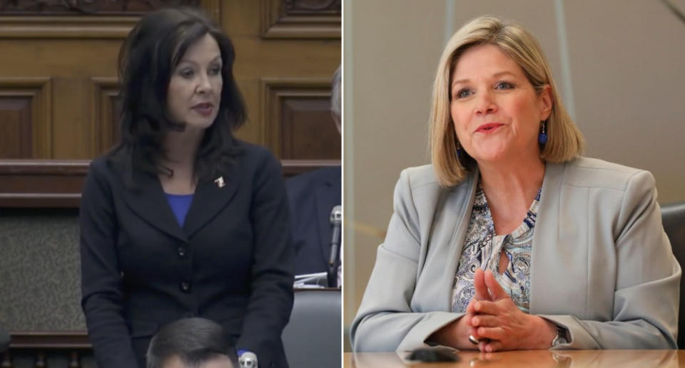 Progressive Conservative MPP Donna Skelly, left, and Ontario NDP leader Andrea Horwath, right. (Photos from CBC and Getty Images respectively)