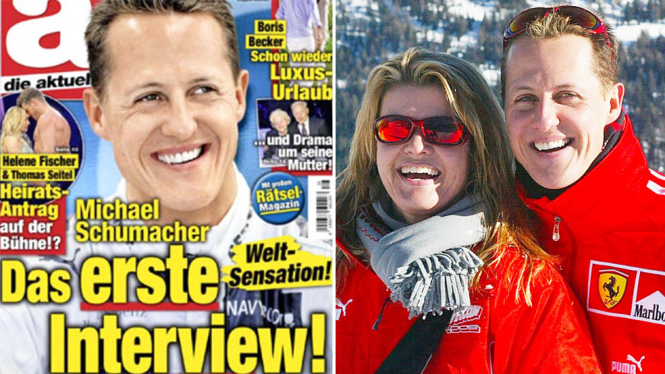 Pictured left is the cover of a German magazine slammed over a controversial Michael Schumacher article.