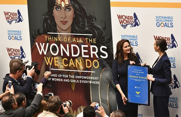 Actors Lynda Carter and Gal Gadot attend the Wonder Woman UN Ambassador Ceremony at United Nations on October 21, 2016 in New York City