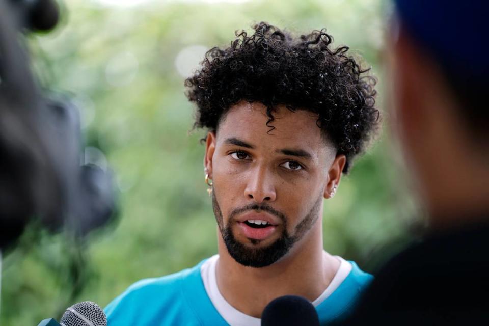 Miami Dolphins safety Brandon Jones (29) speaks to reporters after practice at the Baptist Health Training Complex in Miami Gardens, Florida on Wednesday, July 26, 2023.