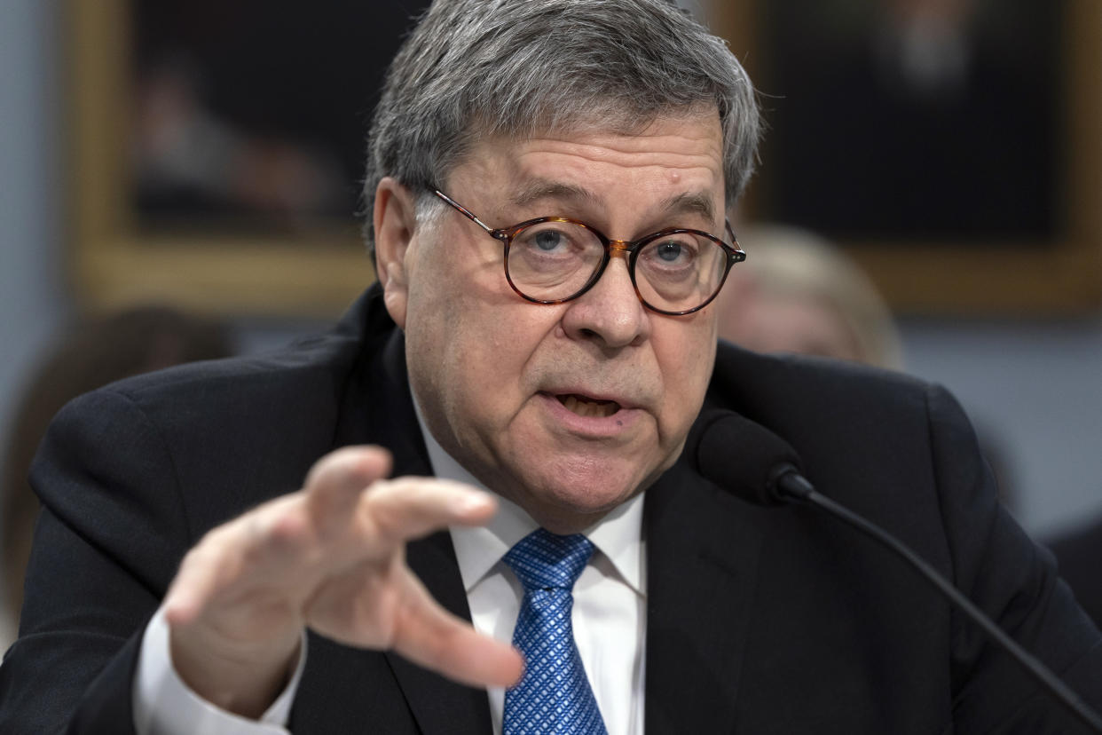 Attorney General William Barr appears before a House Appropriations subcommittee on Capitol Hill in Washington, D.C., Tuesday. (AP Photo/J. Scott Applewhite) 