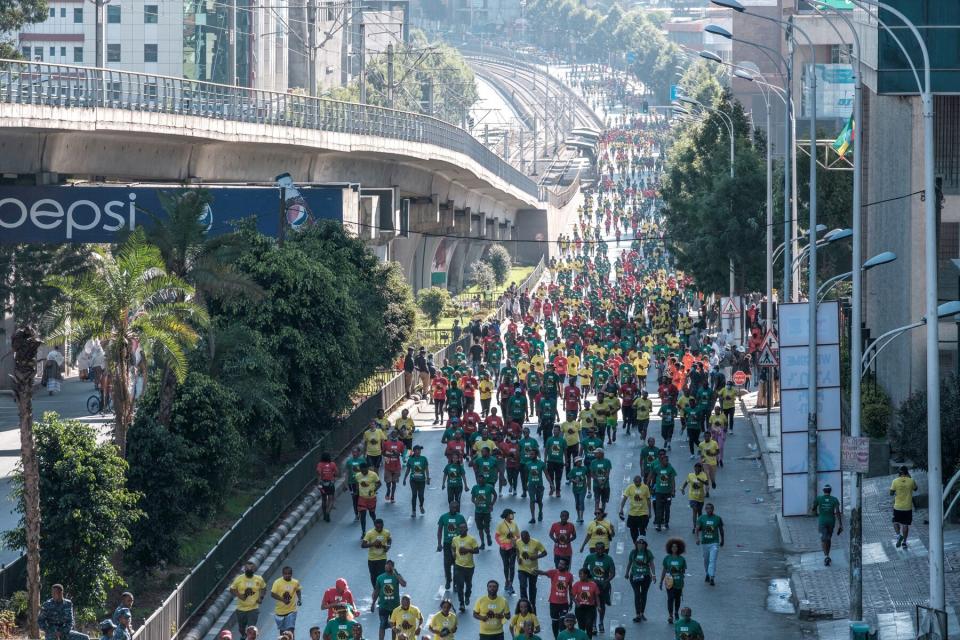 A crowd of runners take part in the 21st edition of the Great Ethiopian Run, in the city of Addis Ababa,