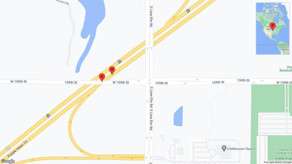 A detailed map that shows the affected road due to 'Warning: Crash on eastbound I-35 in Olathe' on September 23rd at 4:25 p.m.