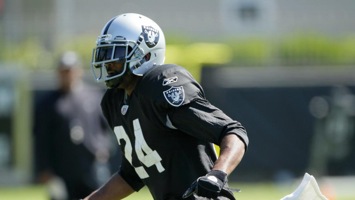 Mandatory Credit: Photo by Eric Risberg/AP/Shutterstock (6025348aj)Michael Huff Oakland Raiders safety Michael Huff during their NFL football training camp in Napa, CalifRaiders Camp Football, Napa, USA.