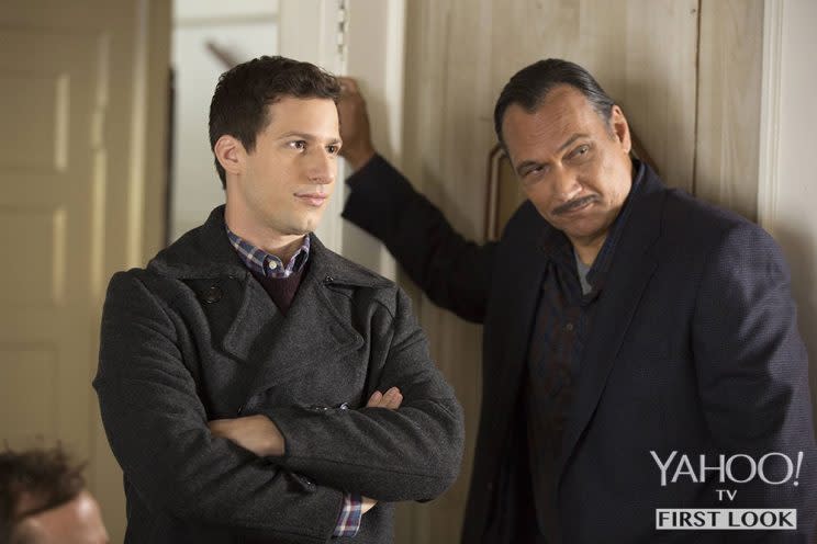 Andy Samberg and guest star Jimmy Smits in 'Brooklyn Nine-Nine' (Credit: John P Fleenor/FOX)