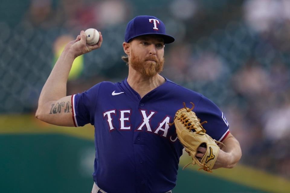 Texas Rangers pitcher Jon Gray throws against the Detroit Tigers in the first inning at Comerica Park in Detroit on Friday, June 17, 2022.