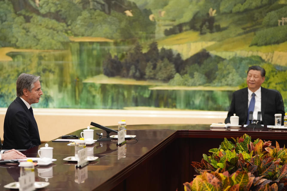 U.S. Secretary of State Antony Blinken, left, talks with Chinese President Xi Jinping at the Great Hall of the People, Friday, April 26, 2024, in Beijing, China. (AP Photo/Mark Schiefelbein, Pool)