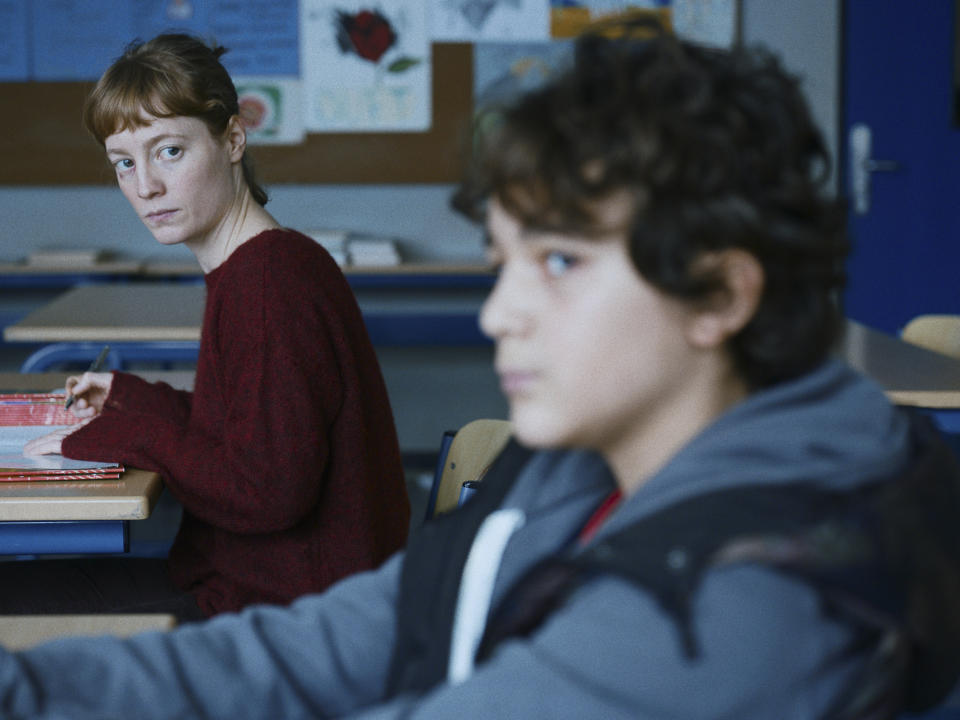 This image released by Sony Pictures Classics shows Leonie Benesch, left, and Leo Stettnisch in a scene from "The Teachers' Lounge." (Judith Kaufmann/Sony Pictures Classics via AP)
