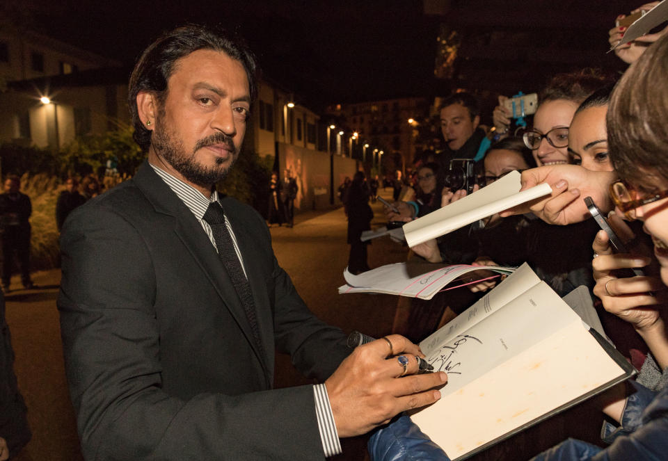 FLORENCE, ITALY - OCTOBER 08: Irrfan Khan (L) attends the INFERNO World Premiere Red Carpet at the Opera di Firenze on October 8, 2016 in Florence, Italy. (Photo by Christopher Polk/Getty Images for Sony Pictures Entertainment)