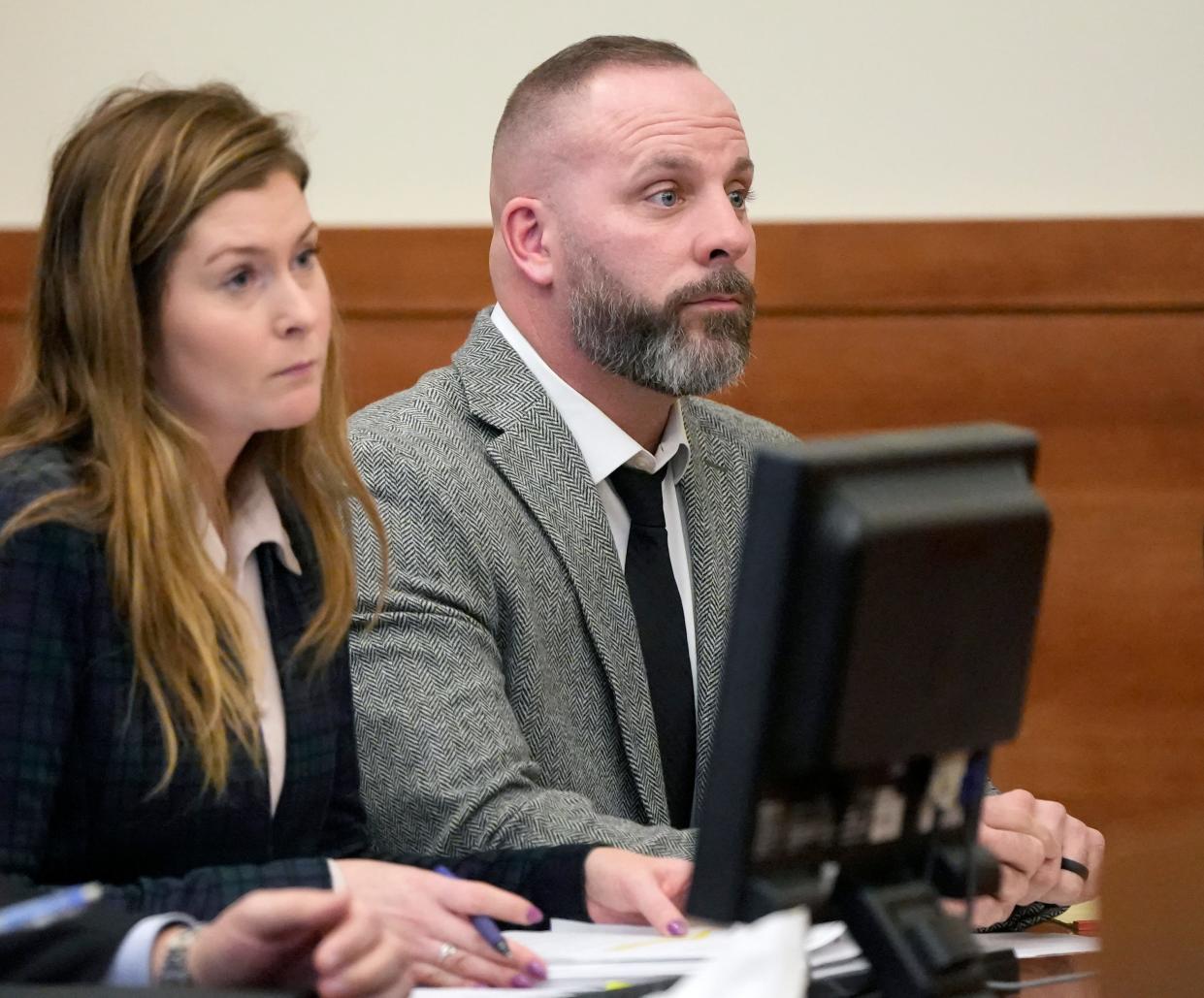 Jason Meade appearing on Feb. 23, 2023, in Franklin County Common Pleas court for a motion hearing. At left is one of his defense attorneys, Kaitlyn Stephens.