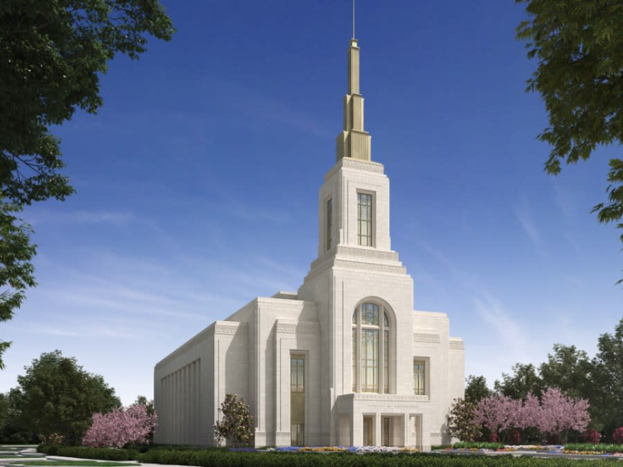 A rendering of the proposed McKinney Texas Temple. The temple has faced opposition in recent months after residents brought up concerns of the steeple height and the lighting of the temple. (Courtesy: The Church of Jesus Christ of Latter-day Saints)