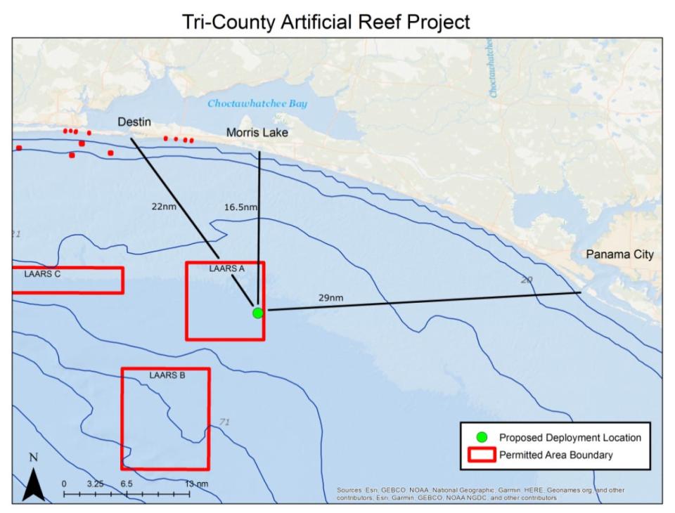 The DEEP STIM III is 22 miles southeast of the Destin East Pass, 16.5 miles due south of Walton County and 29 miles west of St. Andrews Pass.