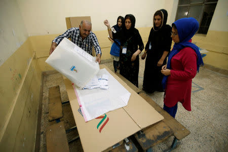 Officials empty a ballot box after the close of the polling station during Kurds independence referendum in Erbil, Iraq September 25, 2017. REUTERS/Azad Lashkari