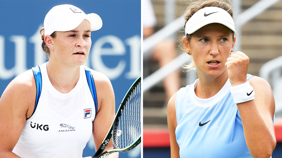 Ash Barty (pictured left) waiting for a serve and (pictured right) Victoria Azarenka celebrating.