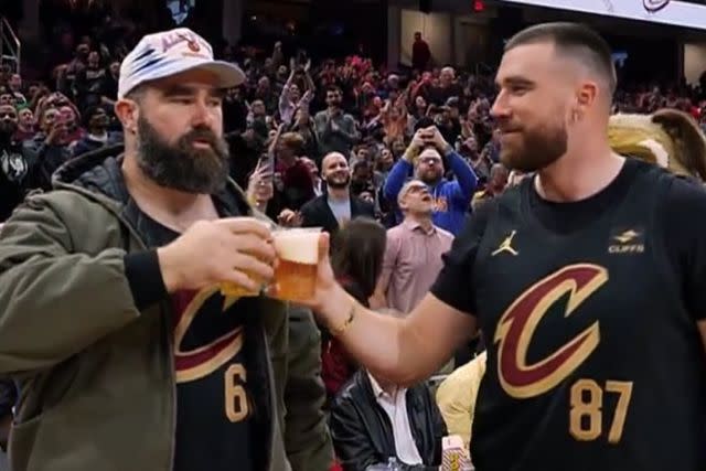 <p>cleveland Cavaliers/x</p> Jason and Travis Kelce chugging beers