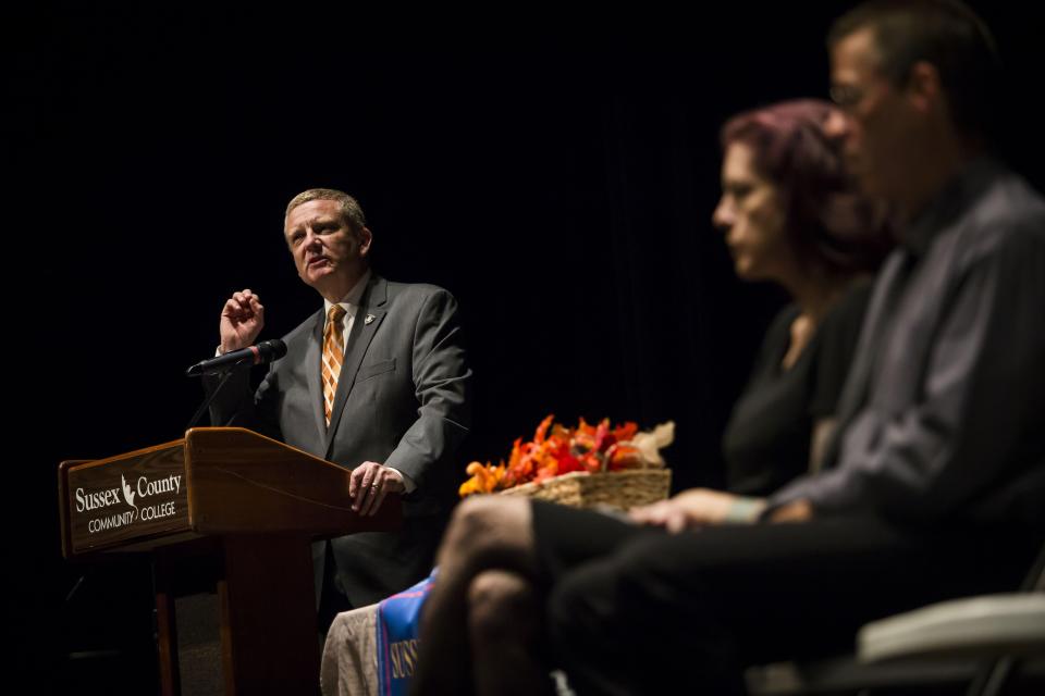 Sussex County Prosecutor Francis A. Koch speaks during the Sussex County Drug Court graduation ceremony at the Sussex County Community College Performing Arts Center Wednesday, October 23, 2019, in Newton.